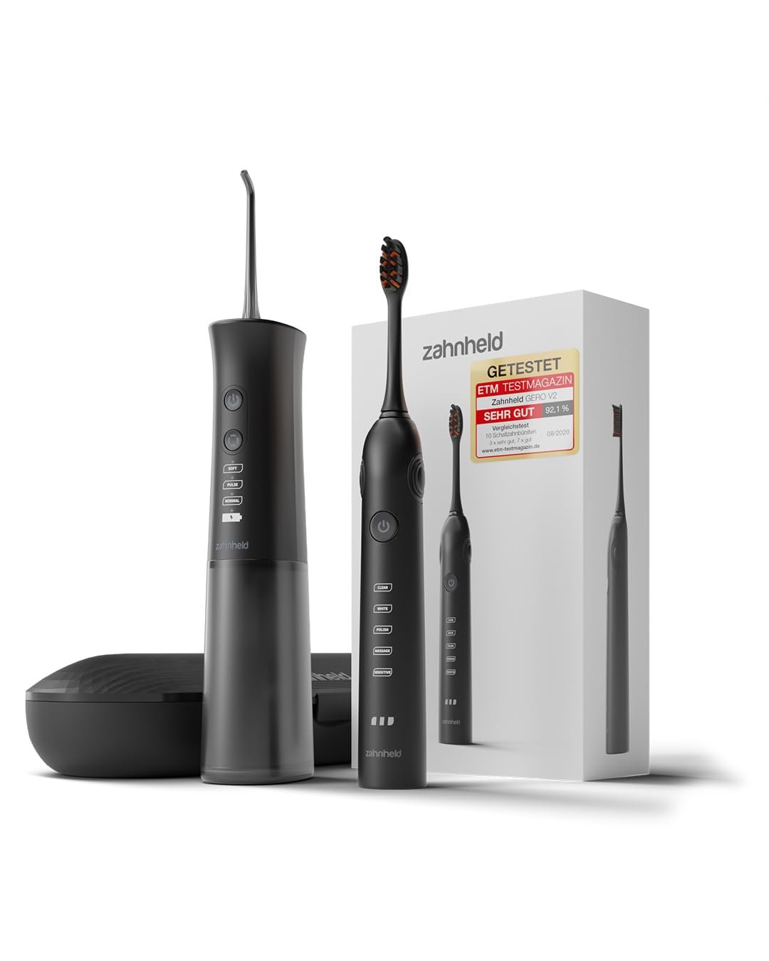 Електрична звукова зубна щітка та іригатор Zahnheld Super Set Gero + Aquadent з насадкою та дорожнім футляром, фото №1