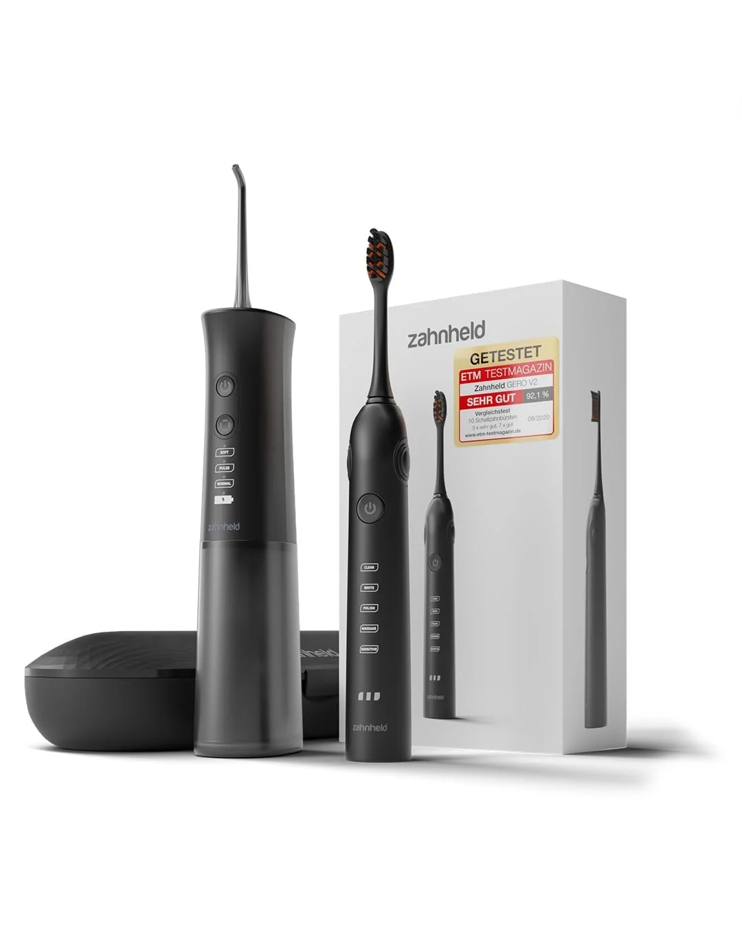 Электрическая звуковая зубная щетка и ирригатор Zahnheld Super Set Gero + Aquadent с насадкой и дорожным футляром, фото №1