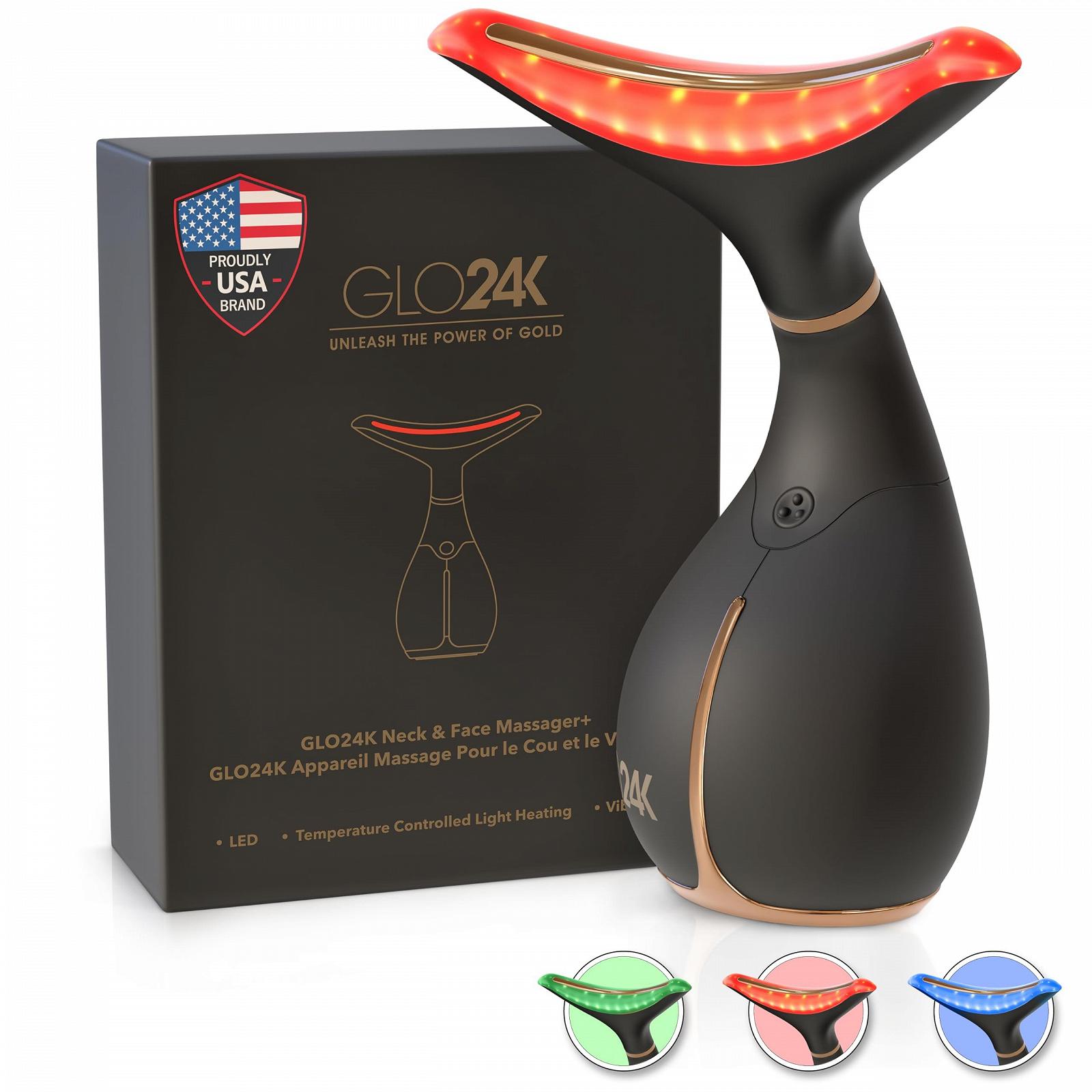 Прилад для догляду за шкірою обличчя та шиї GLO24K Red Light на основі потрійної дії LED, теплових і вібраційних технологій, фото №1