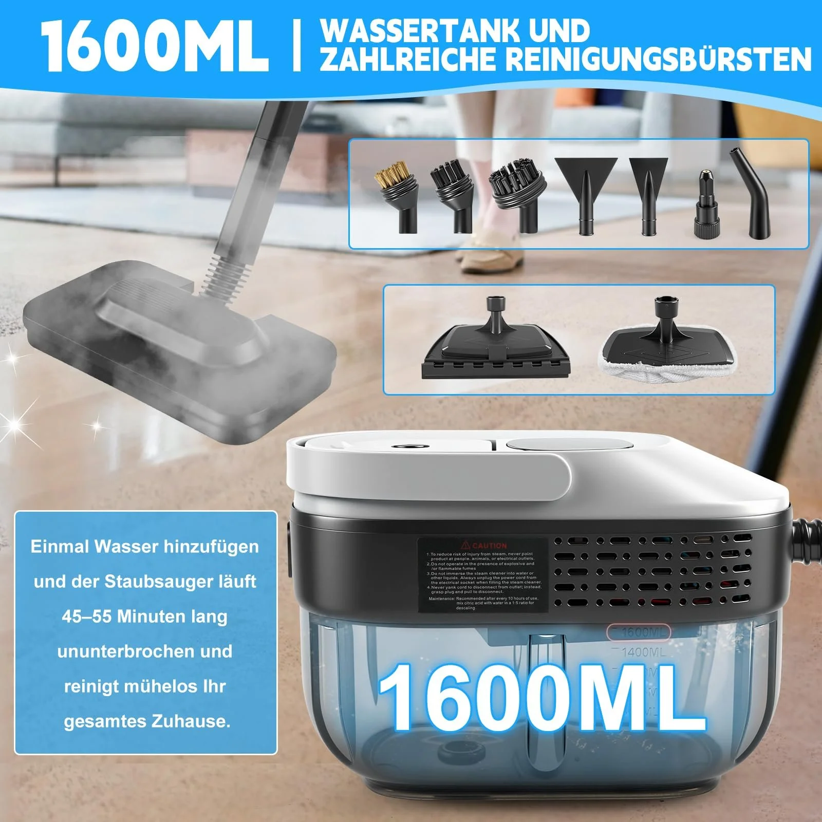 Пароочисник ручний 2500 Вт з 15 аксесуарами 4.5 бар 1600 мл переносний, фото №5