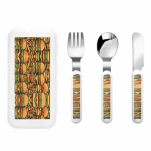 Набір дитячих столових приборів з принтом милих бургерів, три предмети, багаторазовий - Фото 1