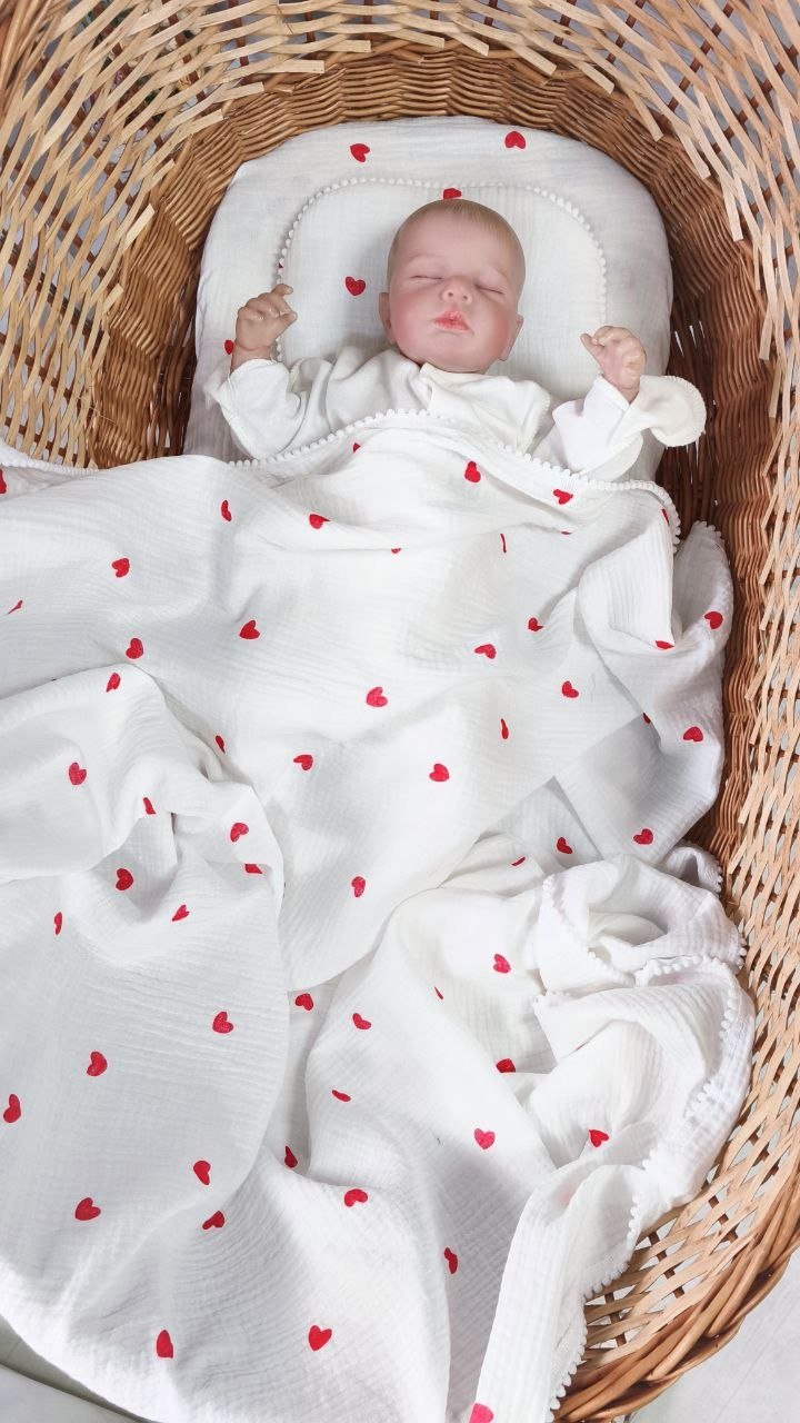 Муслиновый комплект в коляску, люльку: плед, простынь и подушка Сердечки, фото №2