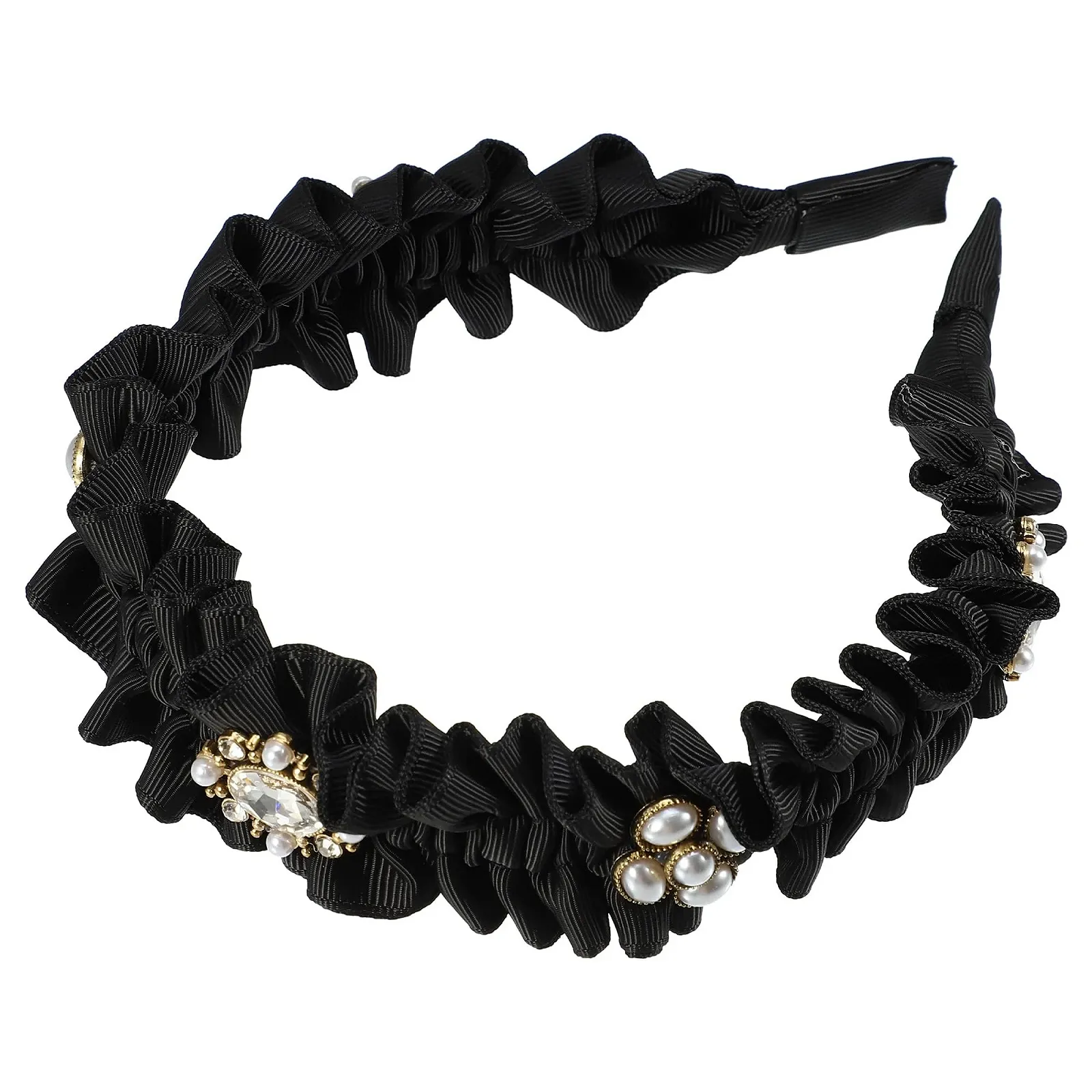 Обруч VOCOSTE Плісирований зі стразами, штучний перли, жіночий, чорний, фото №1