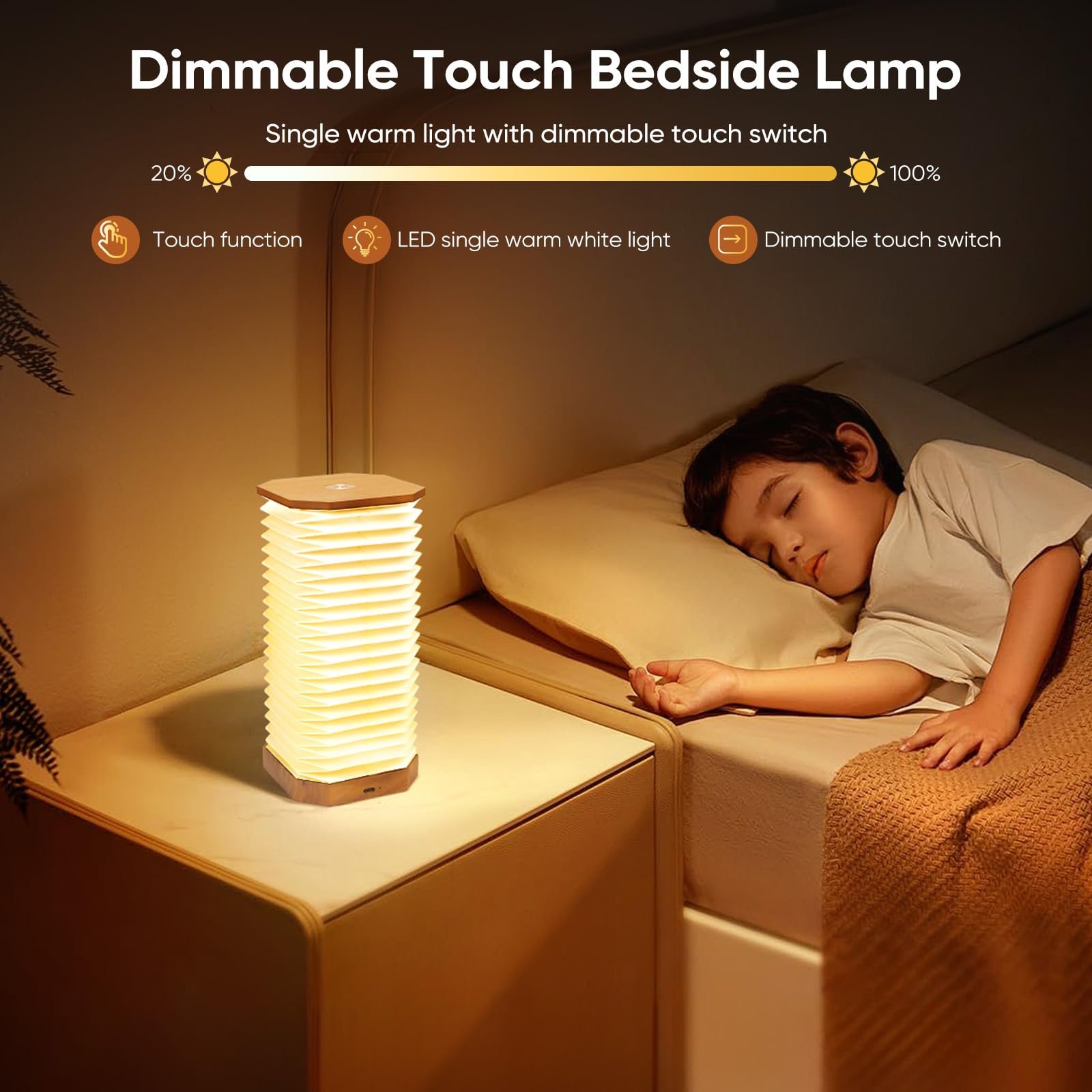 Настільна лампа Акордеон Переносна Регульована висота USB Димер Горіхове дерево, фото №2