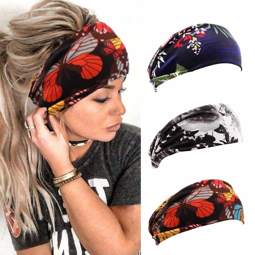 Пов'язка на голову в стилі бохо Чорна Еластична для жінок Широка З квітковим принтом, фото №1
