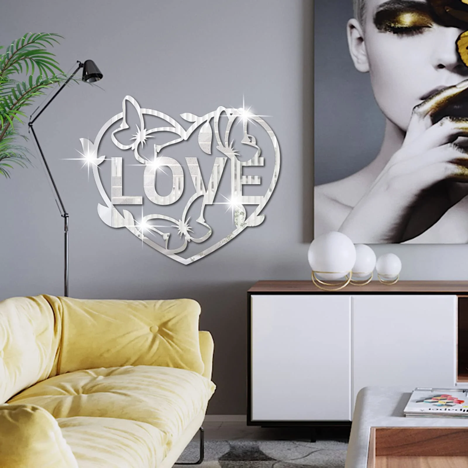 Дзеркальна наклейка на стіну Love Heart Butterfly 3D Вініл Чорний, фото №5