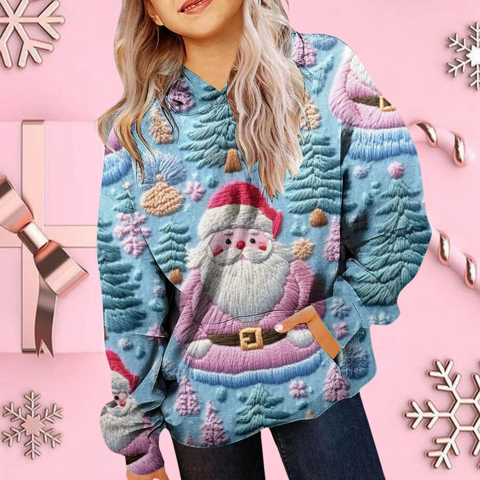 Рождественский свитшот Детский Худи с длинными рукавами Мягкий Свитер Рождественский принт Худи Милый Пуловер Верхняя одежда для девочек, фото №2