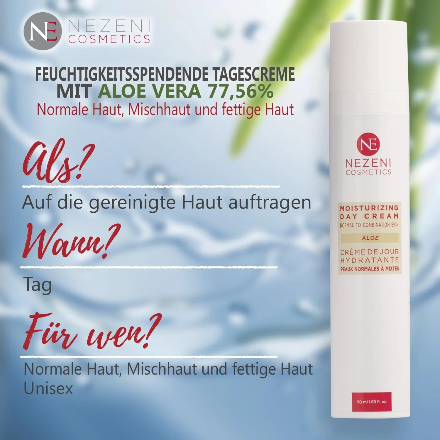 Зволожувальний крем для обличчя Nezeni Aloe Vera 79.70% 17 активних інгредієнтів для нормальної, жирної та комбінованої шкіри, фото №6