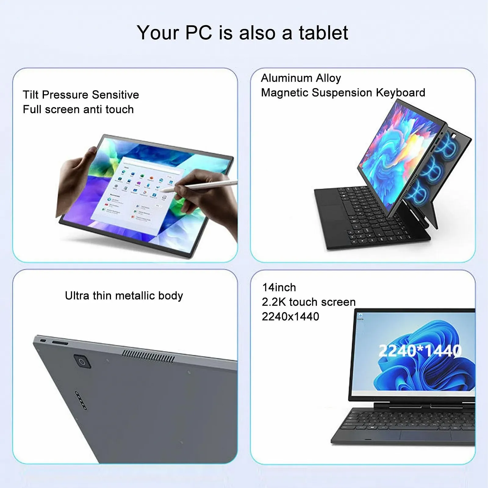 Планшет з левітуючою клавіатурою з підсвіткою 14.0 IPS 2.2K 60Hz 2240 x 1440 Сенсорний екран для Intel 4 Ядра CPU 3.40GHz, 2.4G 5G Dual, фото №4 Планшет з левітуючою клавіатурою з підсвіткою 14.0 IPS 2.2K 60Hz 2240 x 1440 Сенсорний екран для Intel 4 Ядра CPU 3.40GHz, 2.4G 5G Dual, фото №4