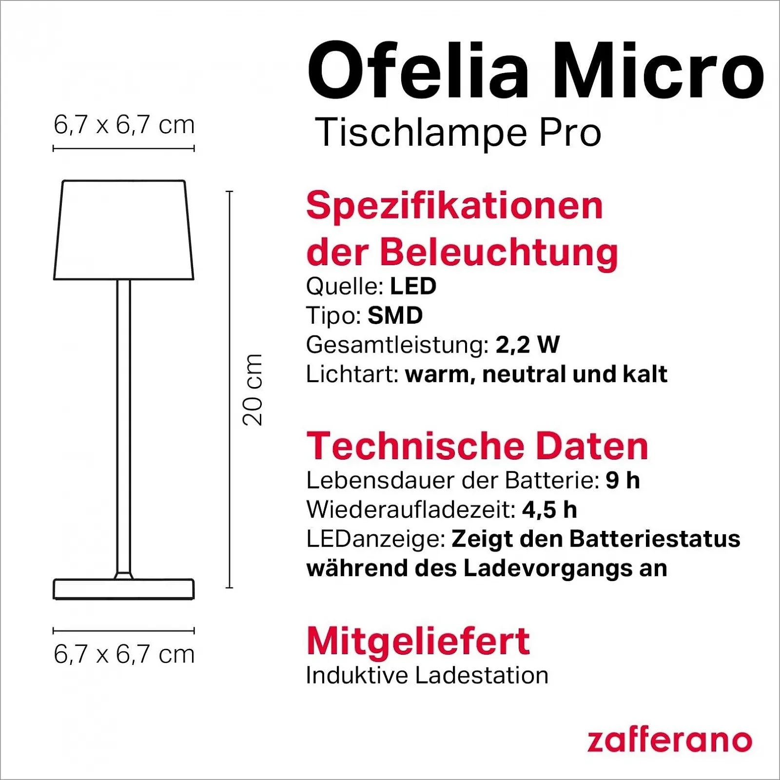 Настільна лампа Zafferano Ofelia Micro бездротова акумуляторна сенсорна 20 см Sand, фото №4