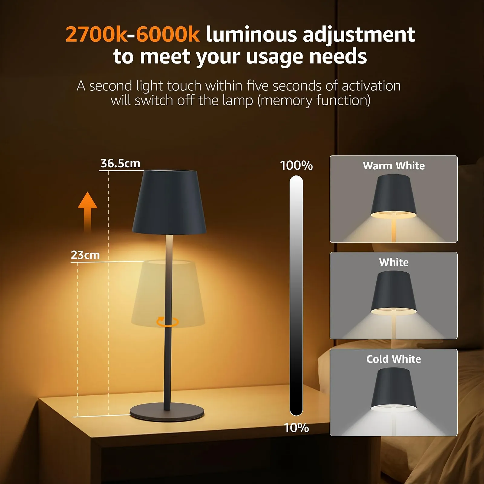 Настільна лампа Aipsun LED Акумуляторна 2 шт. Регульована висота 5000 мАг IP44 Антрацит, фото №4