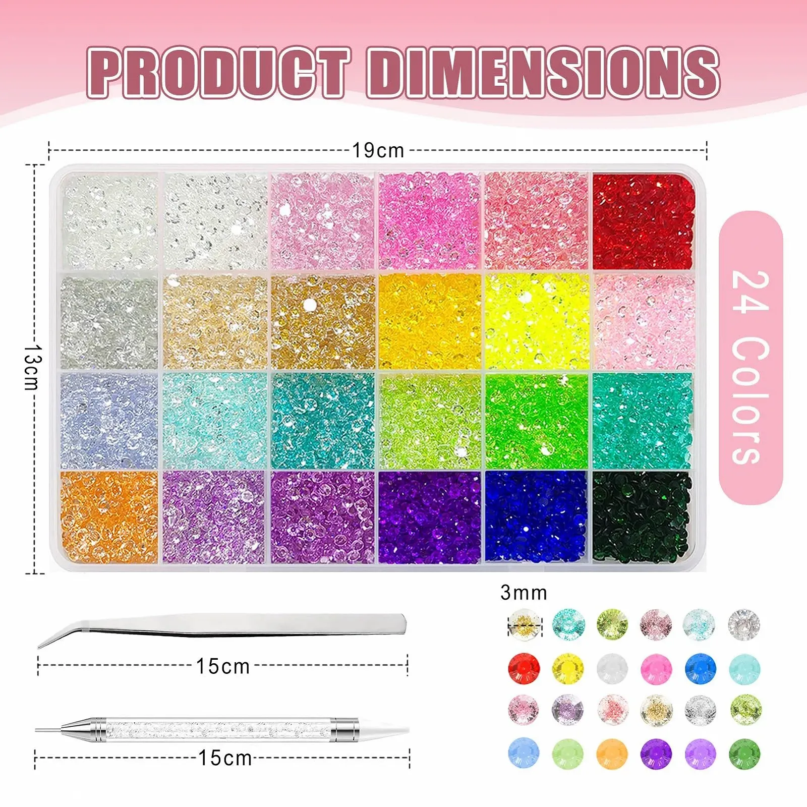 Стразы для ногтей круглые 3 мм, 24 цвета, 24000 шт, фото №2