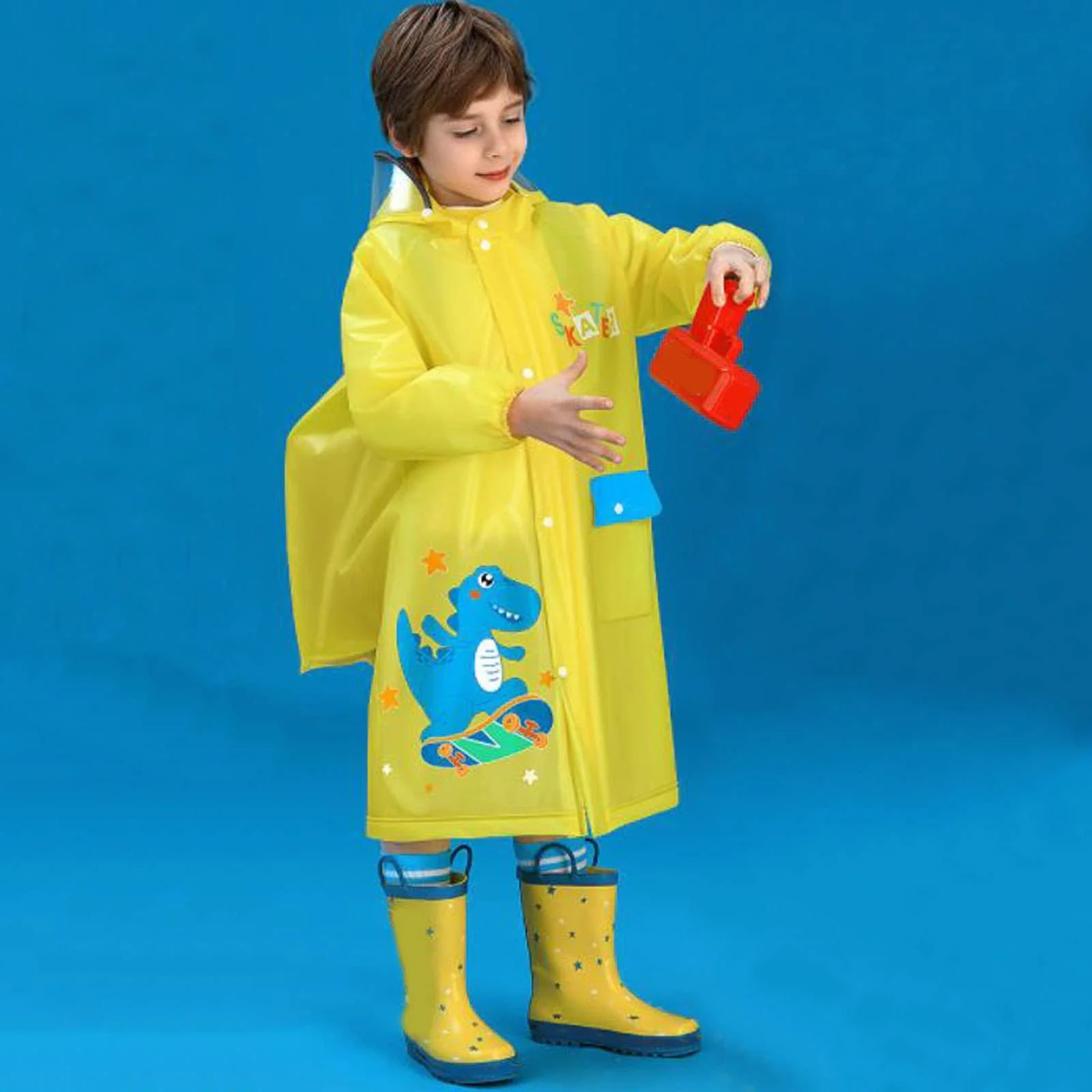 Дитячий дощовик LOIJMK, динозавр, пончо з капюшоном, модна кнопка, червоний, фото №3