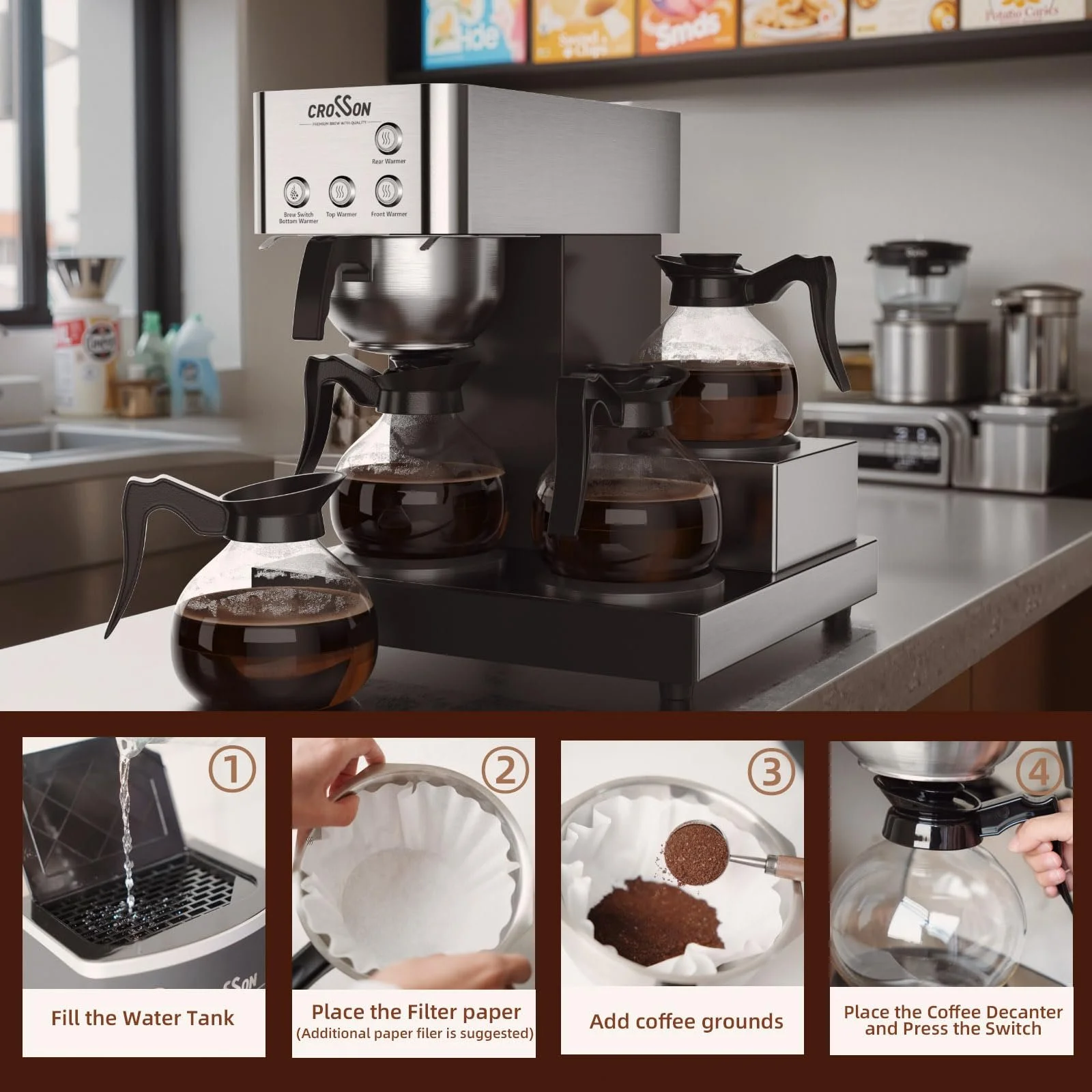 Капельная кофеварка Crosson 12 чашек 4 кувшина Stainless Steel, фото №5