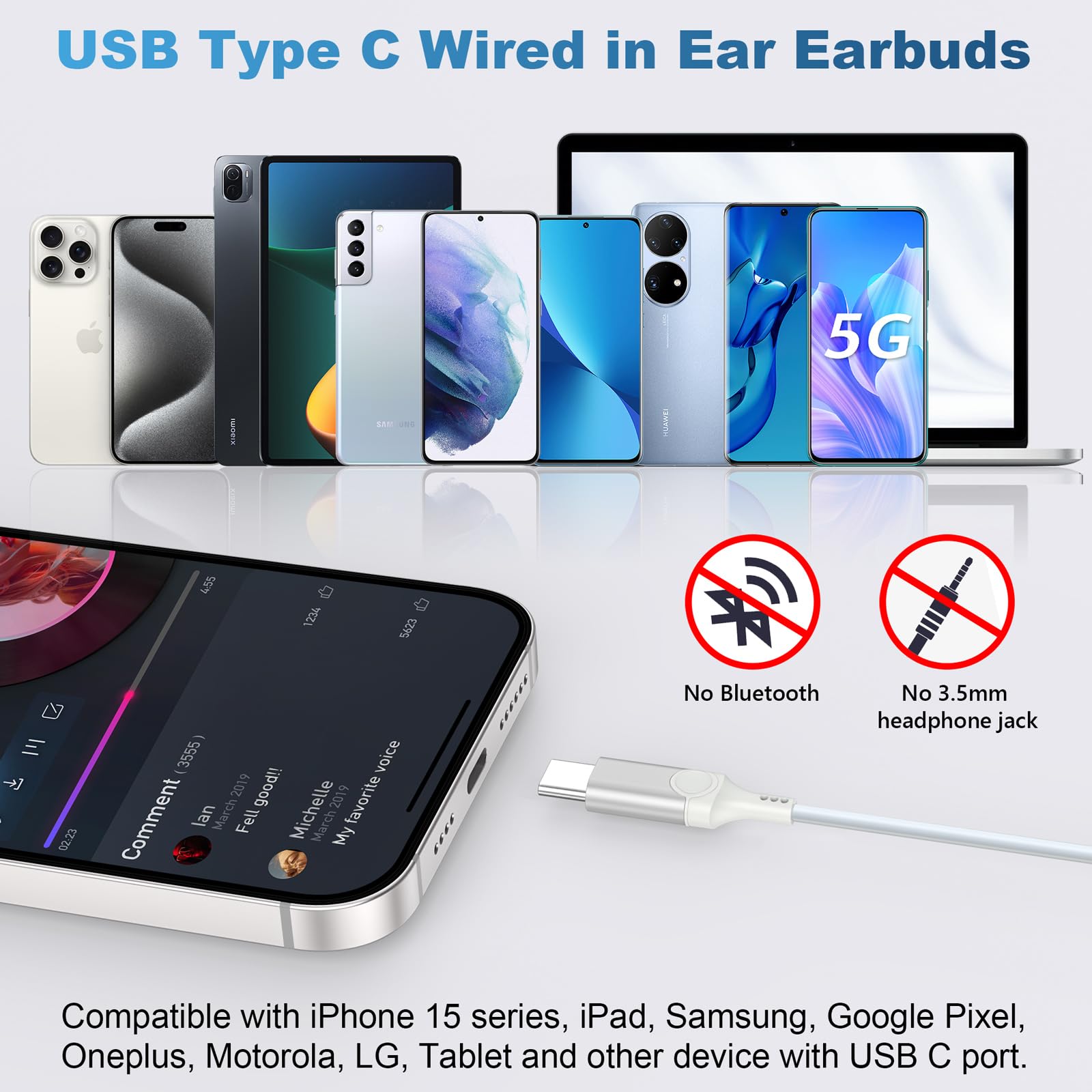 Наушники Coolden USB C для iPhone 16 Pro Внутриканальные с Кабелем HiFi Стерео с Микрофоном и Регулировкой Громкости USB Type C для iPhone 16 16 Plus 16 Pro Max Samsung Белые, фото №2