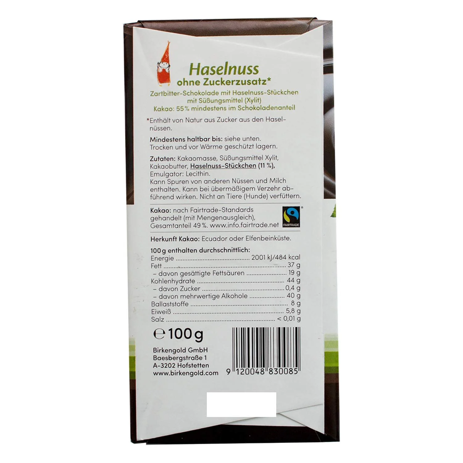 Шоколад Birkengold Hazelnut 100 г, 55% какао, з ксилітолом, Fair Trade, веганський, фото №3