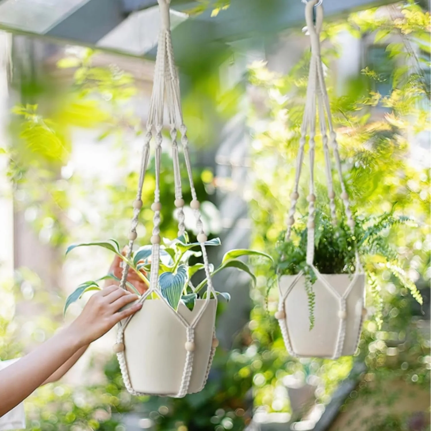 Підвісне кашпо Macrame 90 см бавовняне мотузяне Бежеве, фото №4 Підвісне кашпо Macrame 90 см бавовняне мотузяне Бежеве, фото №4