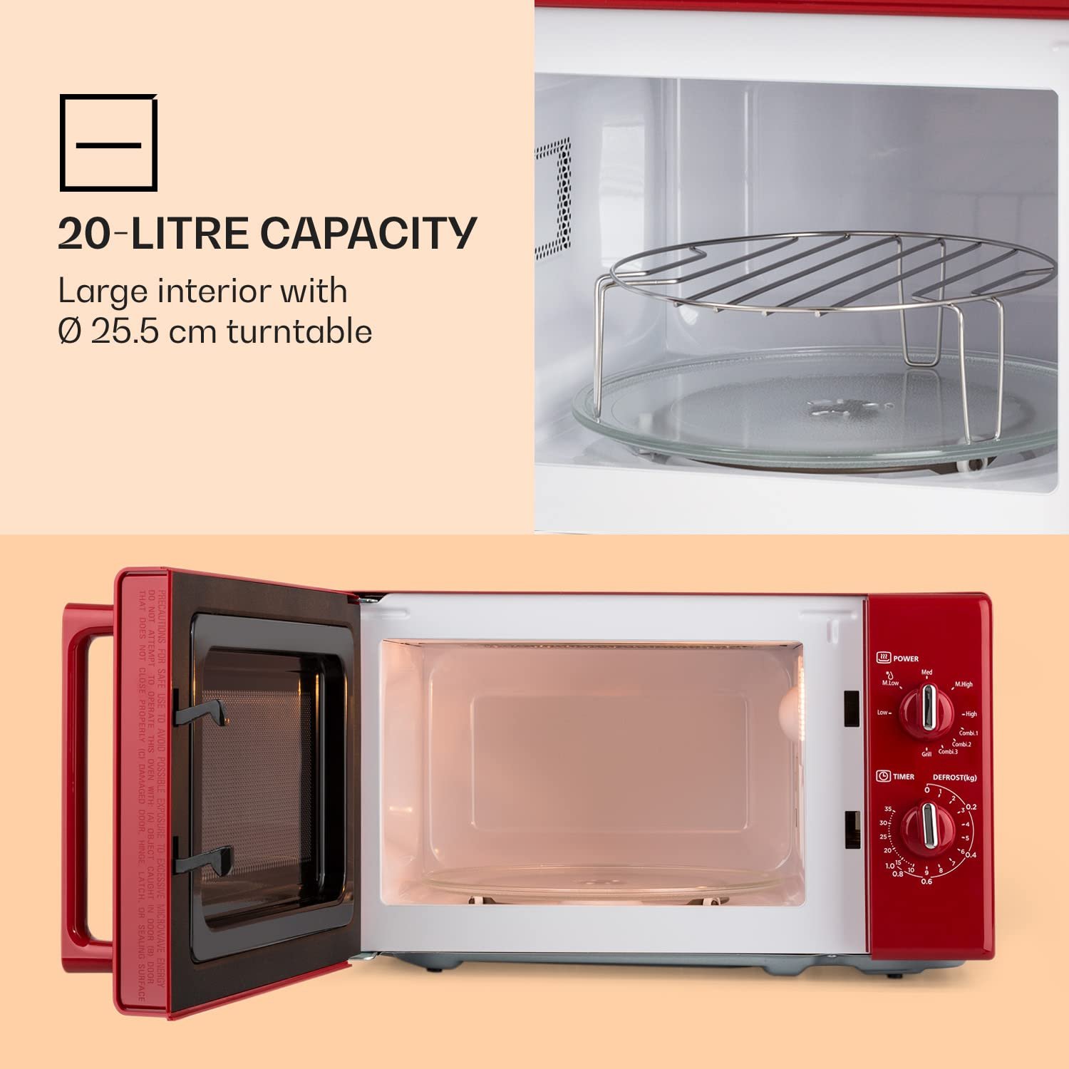 Мікрохвильова піч Klarstein Caroline Retro 20 л 700/1000 Вт 25.5 см червона, фото №3