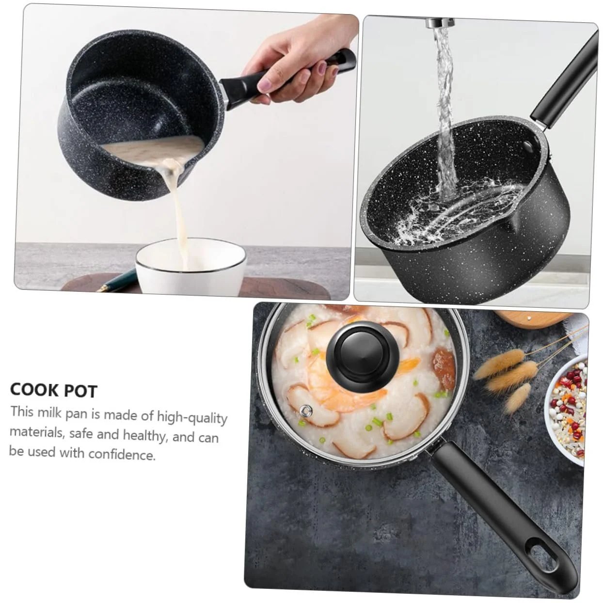 Ківш VALICLUD кам'яне покриття медичний камінь для супу та локшини з ручкою чорний, фото №8