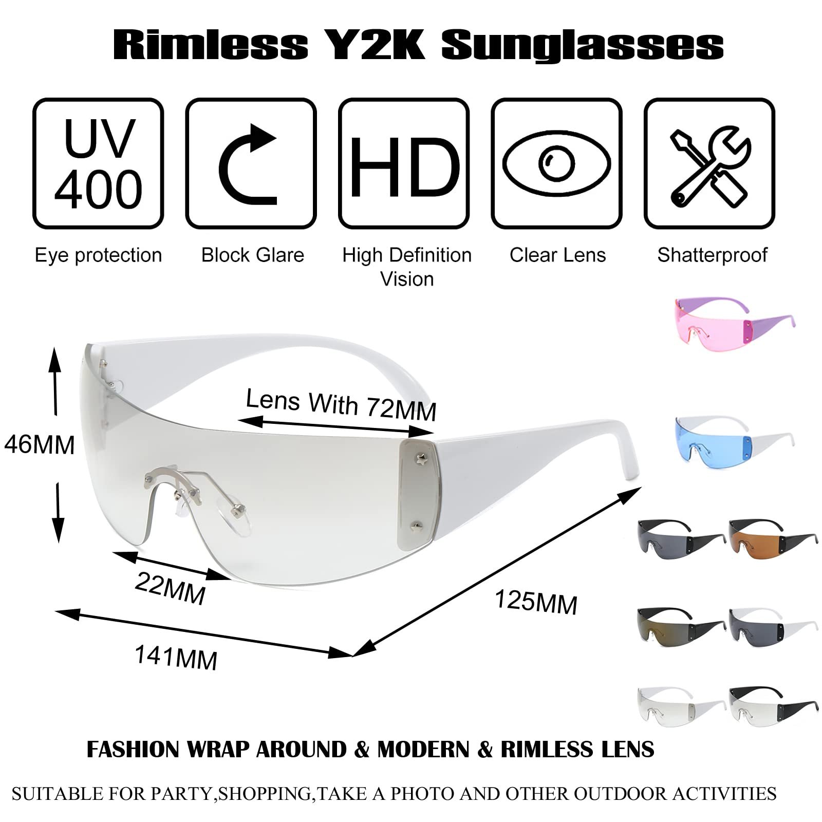 Сонцезахисні окуляри Y2K Ggpyyon Trendy Wrap Around без оправи для жінок і чоловіків, захист UV400, фото №4 Сонцезахисні окуляри Y2K Ggpyyon Trendy Wrap Around без оправи для жінок і чоловіків, захист UV400, фото №4