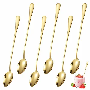 Ложка Latte Macchiato Набор 6 шт, Длинная Ручка 20 см Ложка для Мороженого, Длинная из Нержавеющей Стали, Золотая Ложка для Капучино, Ложка для Кофе, Молочного Коктейля, Мороженого - Фото 1