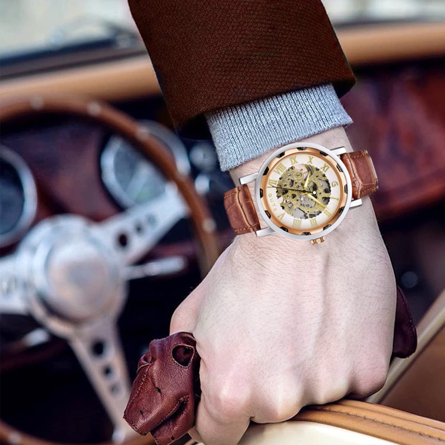 Механические наручные часы с ручным заводом GuTe Steampunk Bling Skeleton, корпус розовое золото, фото №5 Механические наручные часы с ручным заводом GuTe Steampunk Bling Skeleton, корпус розовое золото, фото №5