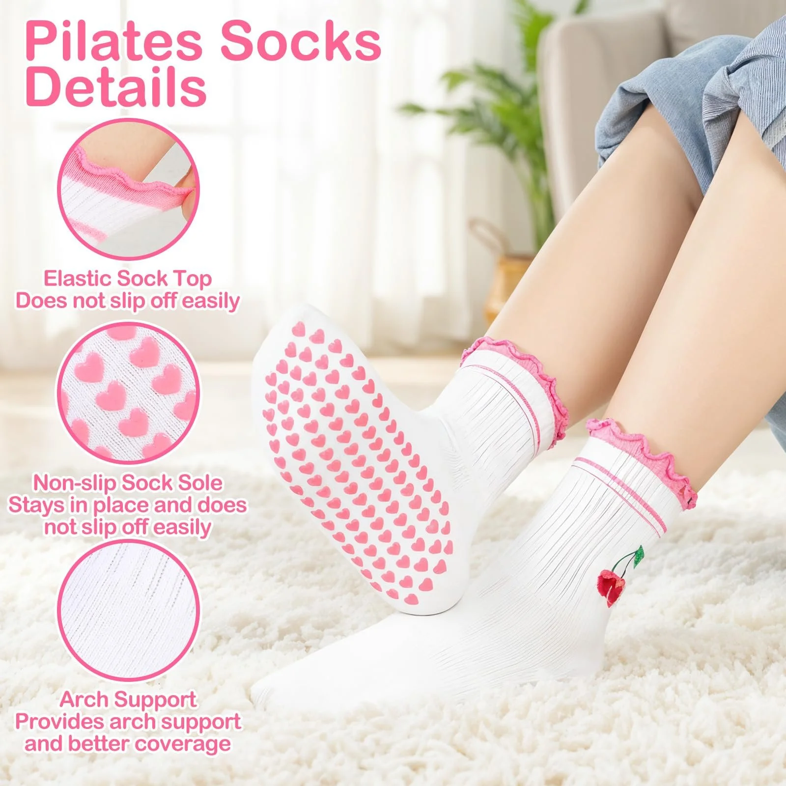Носки для пилатеса с фруктовым мотивом, нескользящие, 2 шт. Бело-розовые (S-XXL), фото №2