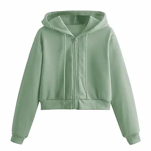 Женский худи на молнии однотонный с капюшоном и длинными рукавами - Фото 1