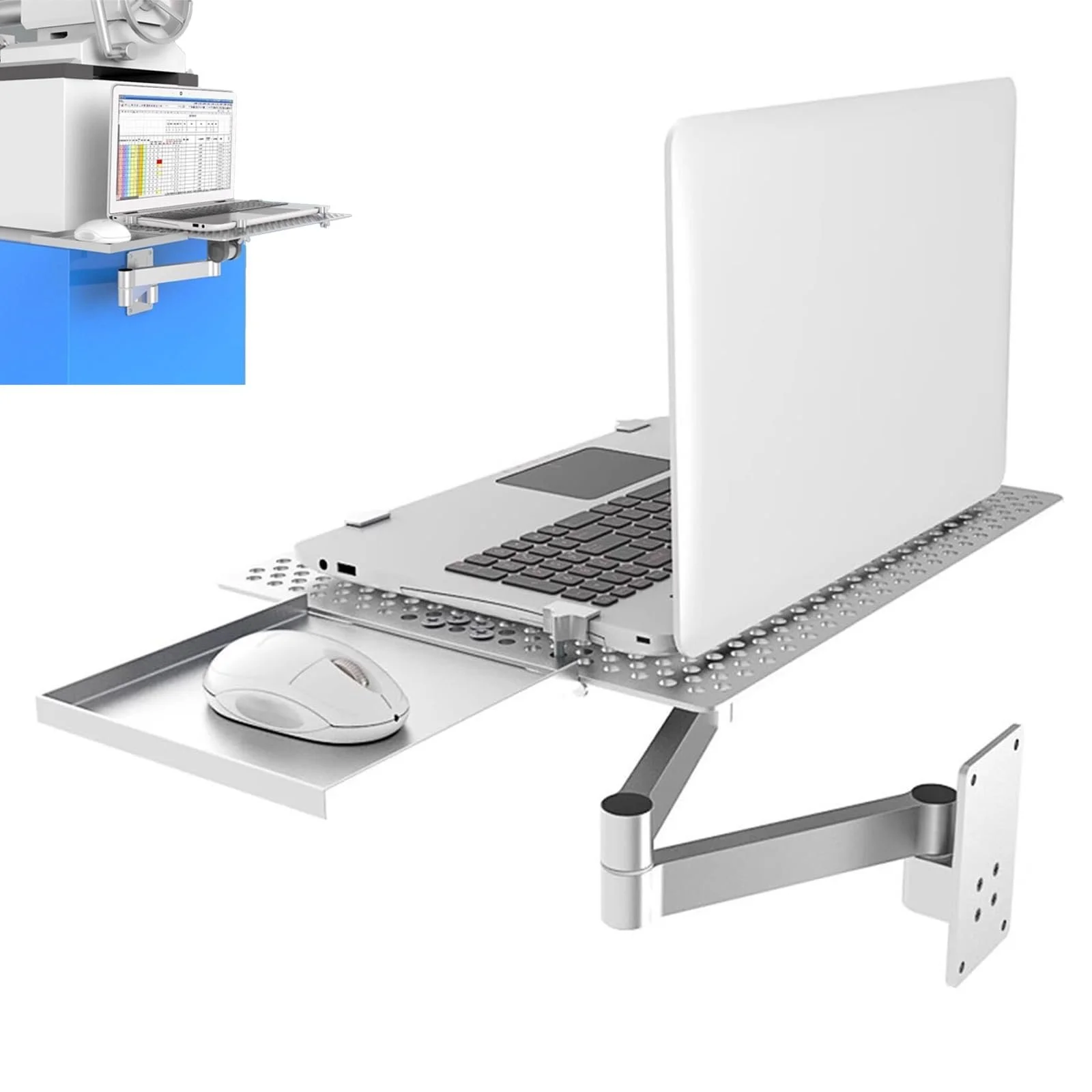 Настенный держатель для ноутбука Многофункциональная регулируемая подставка с подставкой для мыши Грузоподъемность 8 кг Многоугольная поворотная платформа для охлаждения для офиса и рабочего места, фото №1