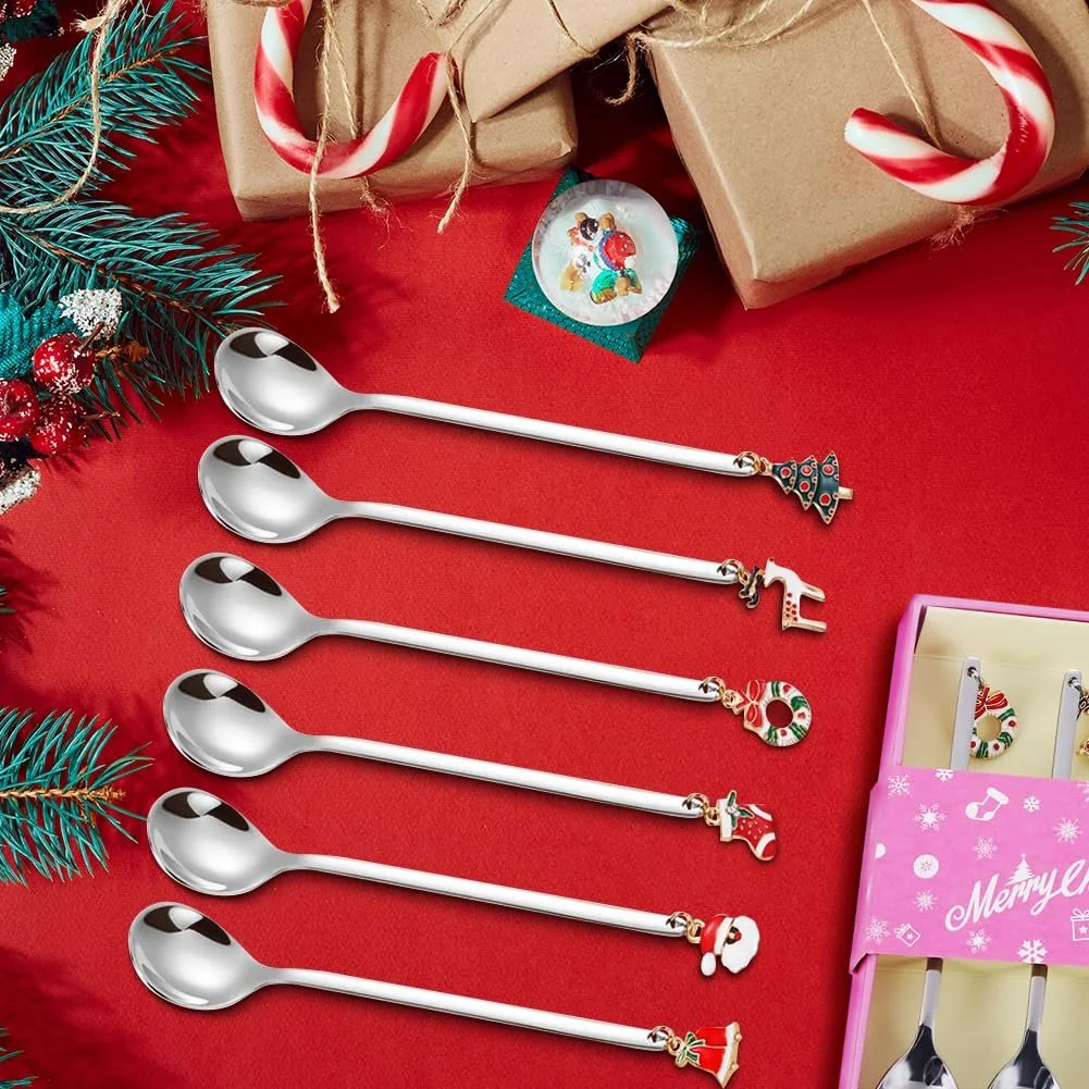 Набор рождественских ложек, 6 штук, кофейные ложки, нержавеющая сталь, длинная ложка с рождественским кулоном, рождественское украшение стола, рождественские столовые приборы, ложка для перемешивания рождественского десертного чая с подарочной коробкой, фото №4