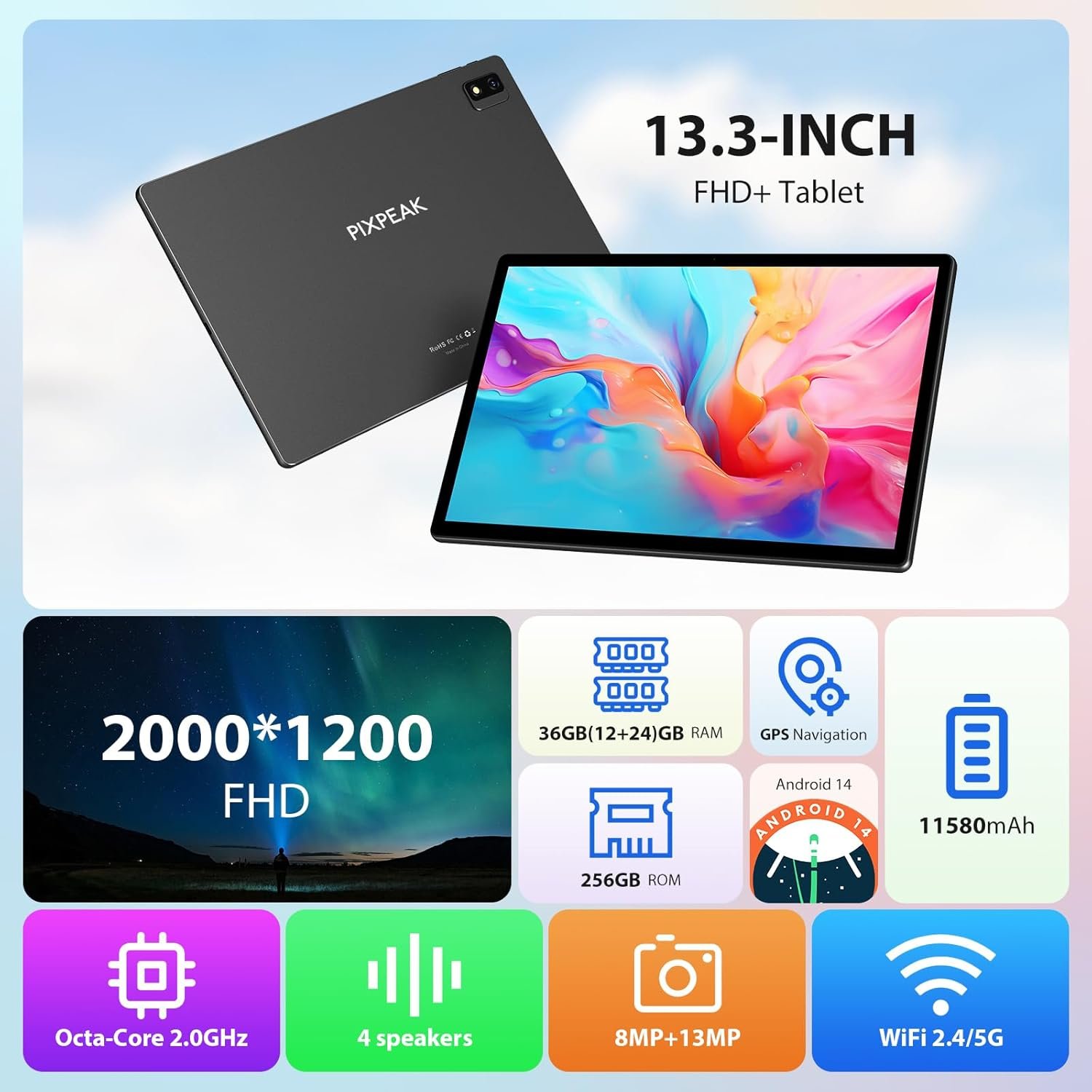 Планшет 13.3" Pixpeak T181 12+24/256Gb 4G 2-SIM 8 ядер Android 14 11580 mAh Чорний, фото №2