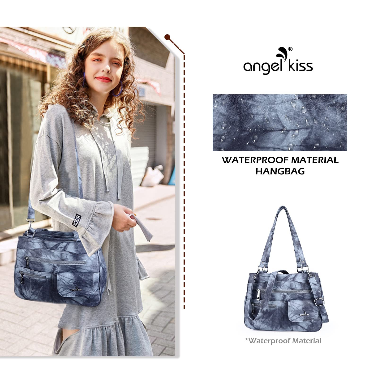 Сумка з ручками Angel Kiss, жіноча, шкіряна, водонепроникна, багатофункціональна, велика, синя, модна, фото №4
