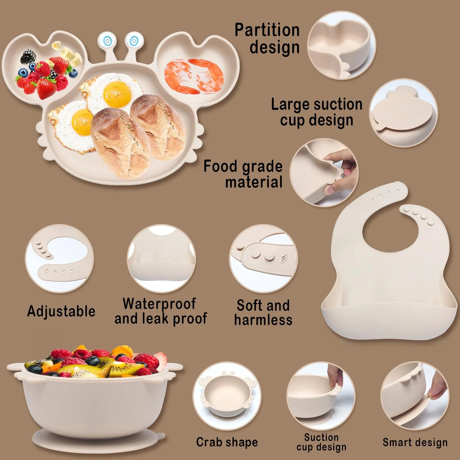 Набір дитячого посуду Kinyoda 10 предметів, силіконовий, нековзкий, з присоскою, з ложкою, виделкою, мискою, слинявчиком, чашкою, тарілкою, бежевий, фото №3 Набір дитячого посуду Kinyoda 10 предметів, силіконовий, нековзкий, з присоскою, з ложкою, виделкою, мискою, слинявчиком, чашкою, тарілкою, бежевий, фото №3