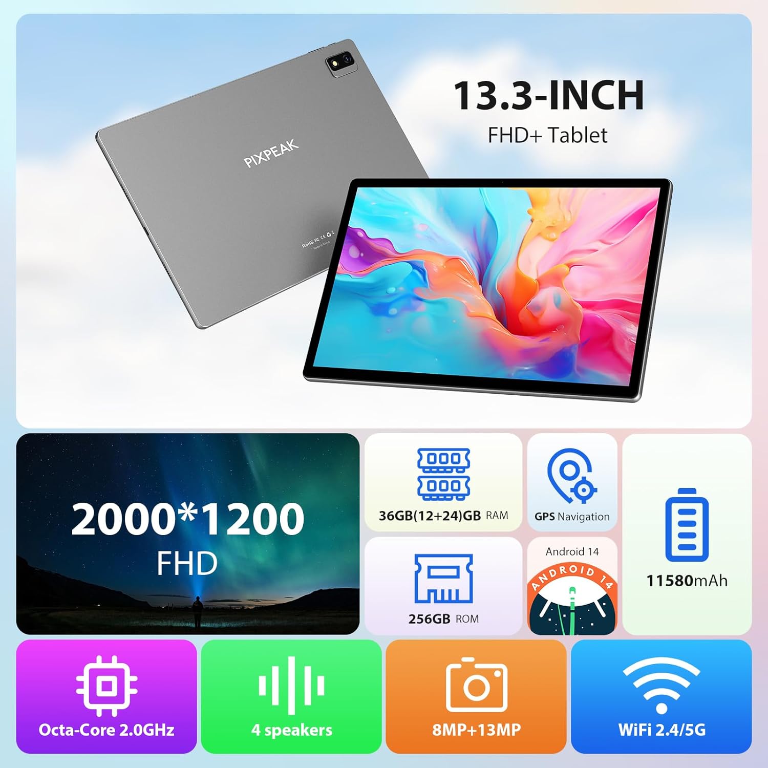 Планшет 13.3 " Full HD Pixpeak T181 12+24/256Gb 4G 2-SIM 8 ядер Android 14 11580 mAh Сірий, фото №3 Планшет 13.3 " Full HD Pixpeak T181 12+24/256Gb 4G 2-SIM 8 ядер Android 14 11580 mAh Сірий, фото №3