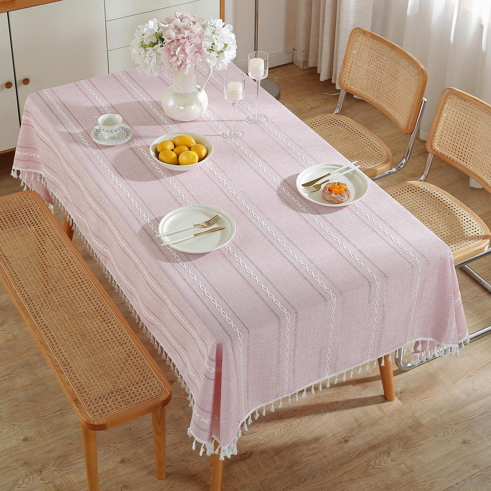 Скатерть meioro Bohemian 100 x 160 см макраме с кисточками прямоугольная льняная полосатая в сетку, фото №3