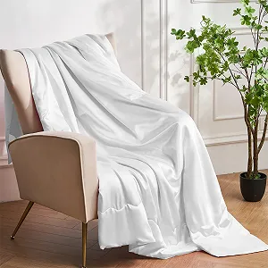 Одеяло Gezu Satin 200 x 200 см, белое - охлаждающее шелковистое летнее одеяло, легкое мягкое роскошное гладкое блестящее покрывало для кровати, дивана, спальни, офиса, путешествий synthetic.ua - Фото 1