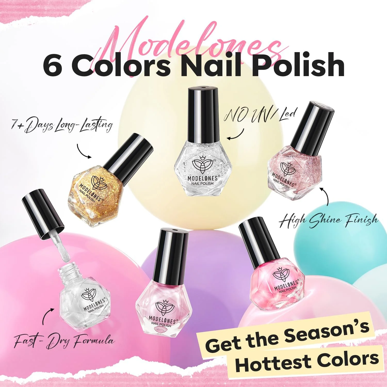 Лак для нігтів MODELONES Блискітки, 6 кольорів, фото №8