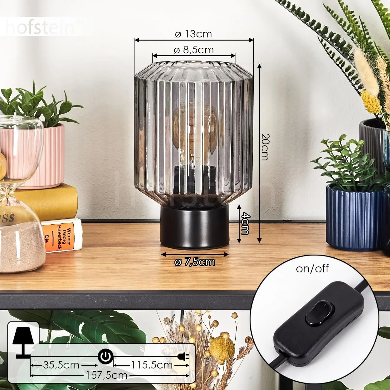 Настільна лампа Moruja Метал / Скло Скляний плафон 13 см 1 x E27 Чорний / Димчастий, фото №5