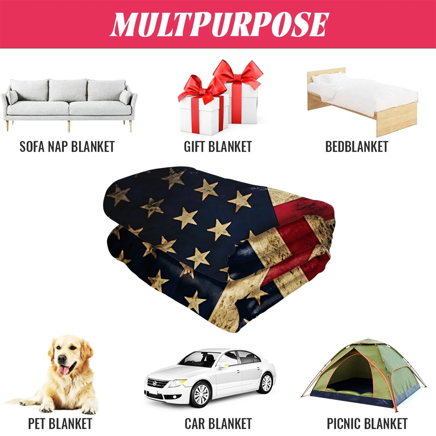 Одеяло YISUMEI Фланель Мягкое флисовое одеяло для кровати 150 x 200 см Винтажный американский флаг Гранж, фото №4