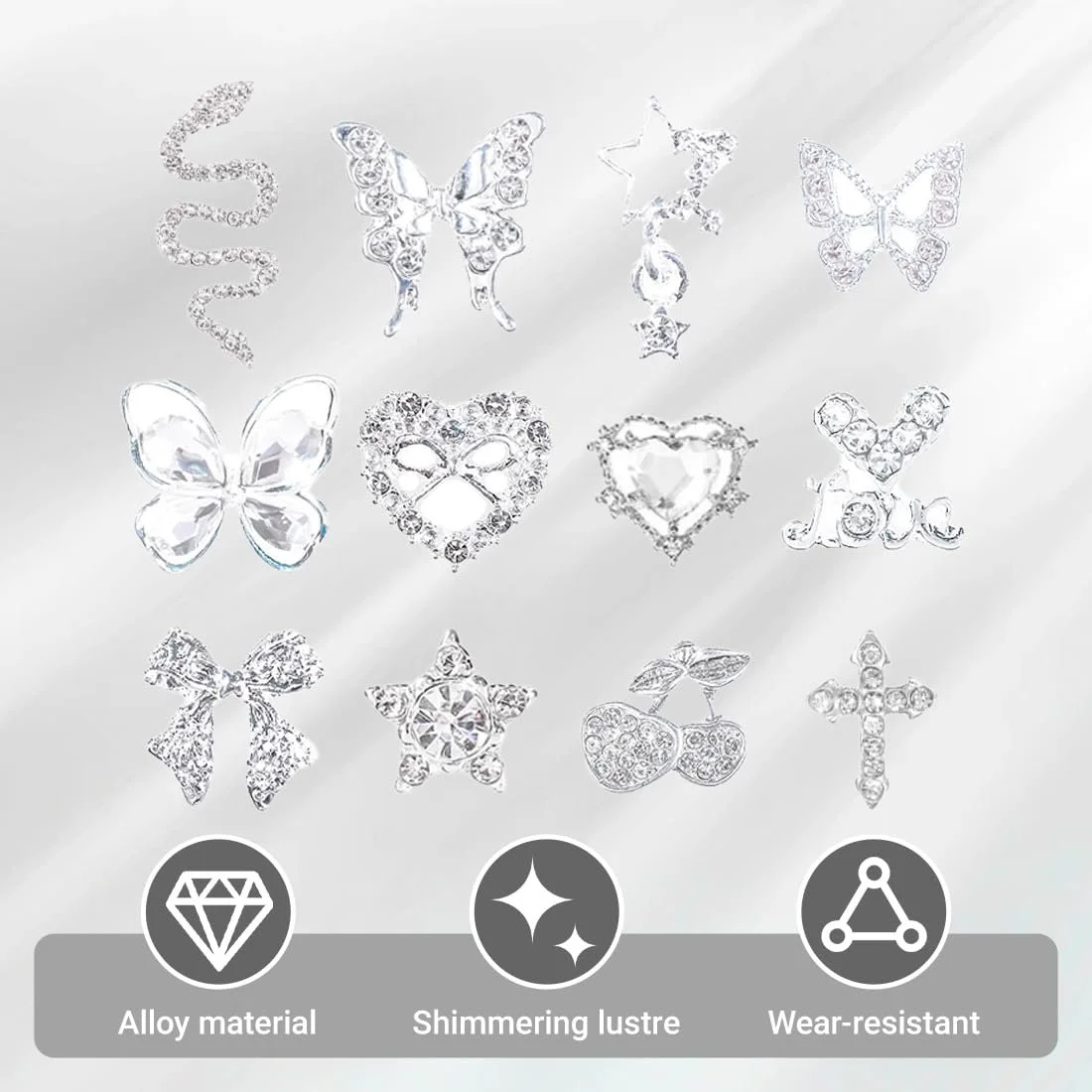 Набор аксессуаров для дизайна ногтей из сплава Y2K, 24 шт, серия Heart Butterfly Cross Snake, серебристые, фото №3