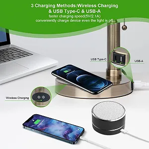 Настільна лампа FIRVRE Vintage LED Скляна Банківська Бездротова зарядка USB-порт Зелена synthetic.ua - Фото 1