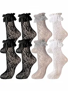 Кружевные носки с оборками Geyoga 4 пары для женщин Кружевные носки Милые носки для женщин Девочек Леди Принцесса - Фото 1
