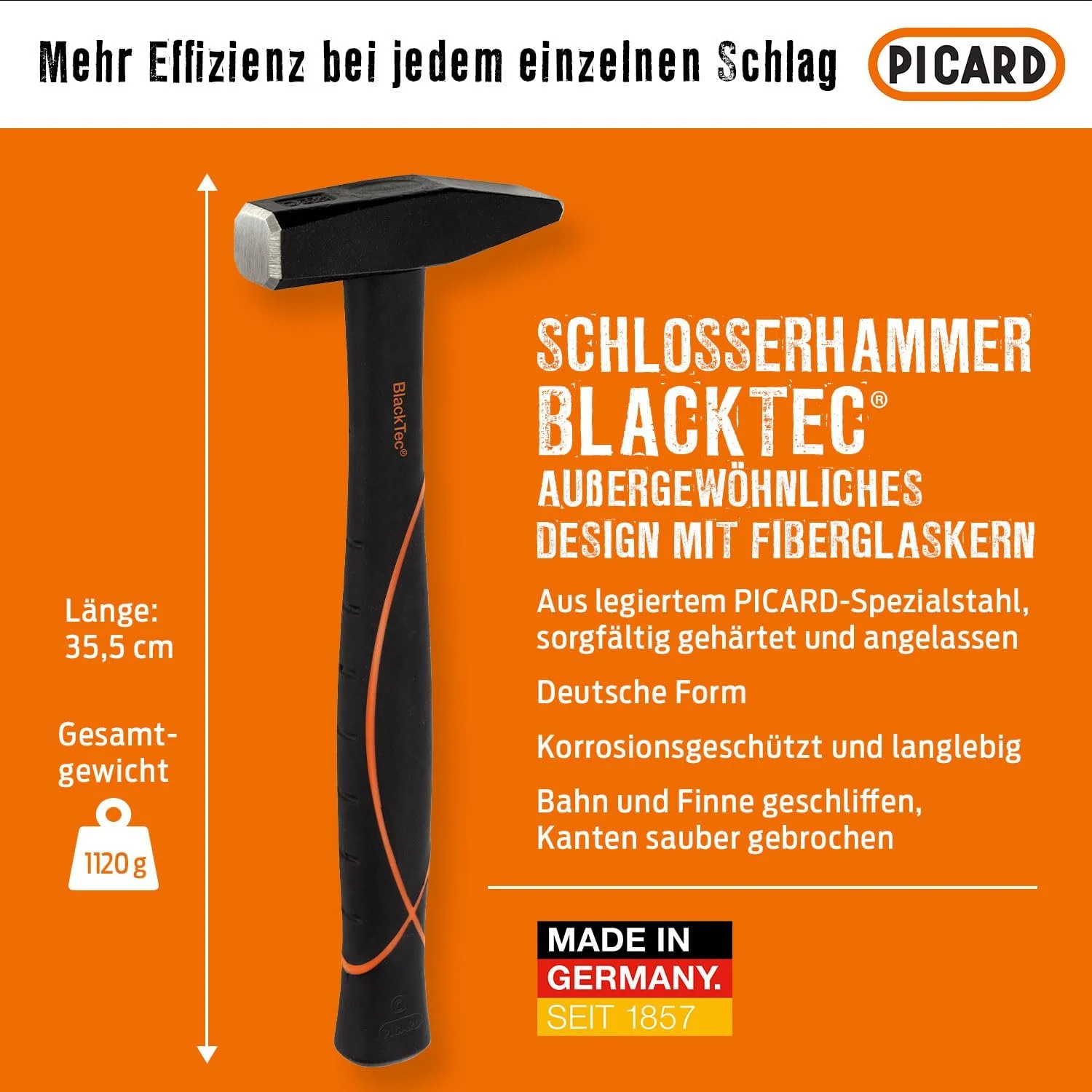 Молоток слесарный/клепальный Picard 0032700-0800 800 г (28 oz) немецкого типа из стекловолокна черный, фото №2 Молоток слесарный/клепальный Picard 0032700-0800 800 г (28 oz) немецкого типа из стекловолокна черный, фото №2