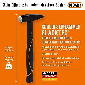 Молоток слесарный/клепальный Picard 0032700-0800 800 г (28 oz) немецкого типа из стекловолокна черный synthetic.ua - Фото 1