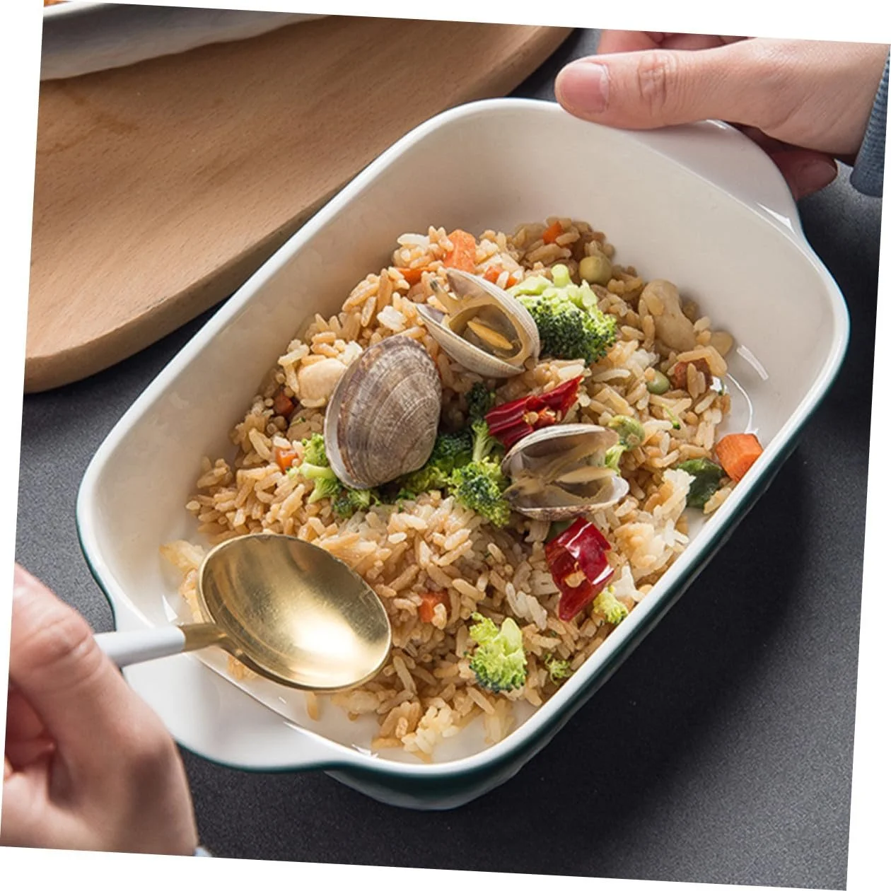 Форма для запекания DECHOUS Керамика Прямоугольная с ручками Зеленая с каменным узором, фото №6