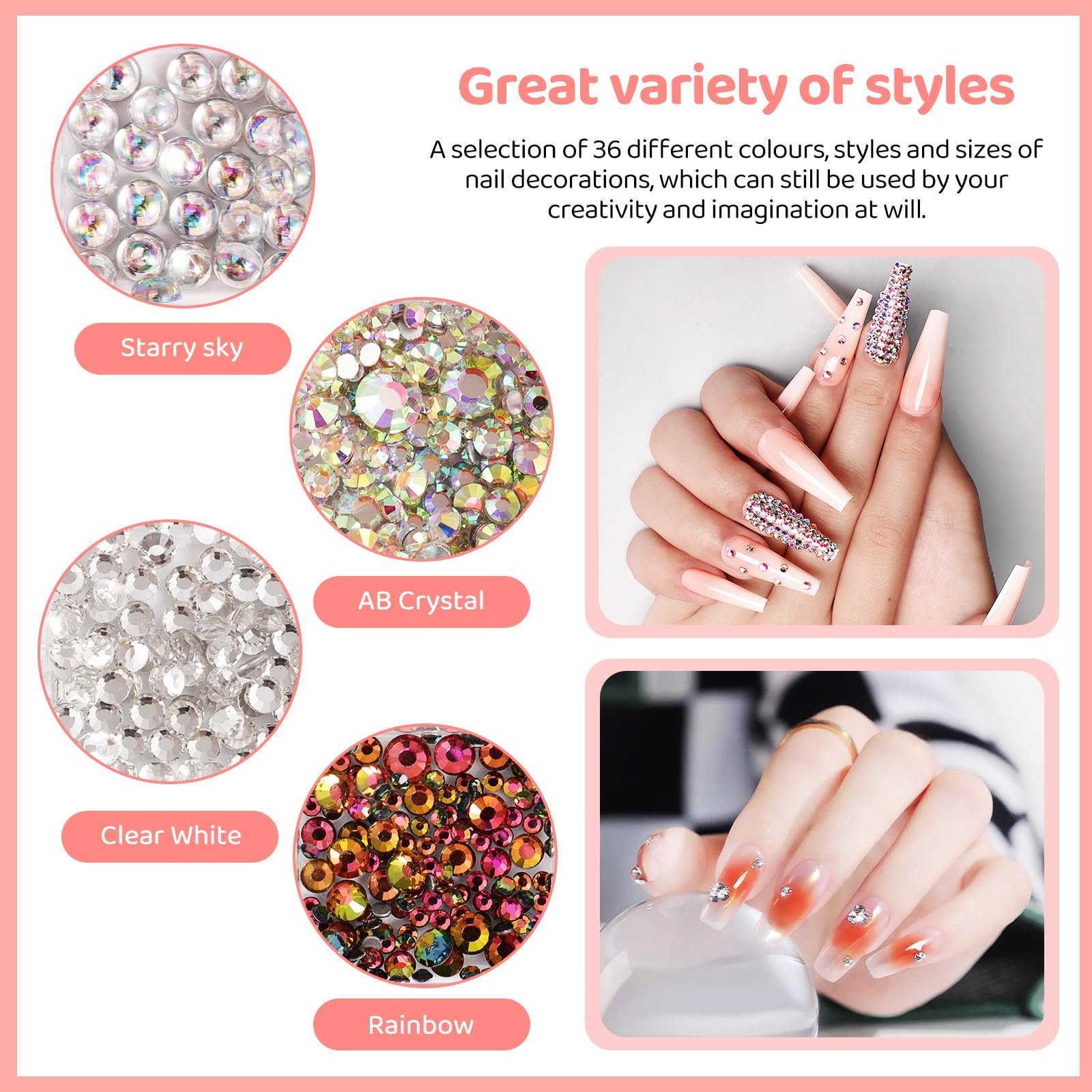 Стразы для ногтей Блестящие камни Набор для ногтей 36 шт. 3D украшения для ногтей с пинцетом и ручкой для сверления Плоская задняя часть для ногтей Одежда Лицо Поделки, фото №3