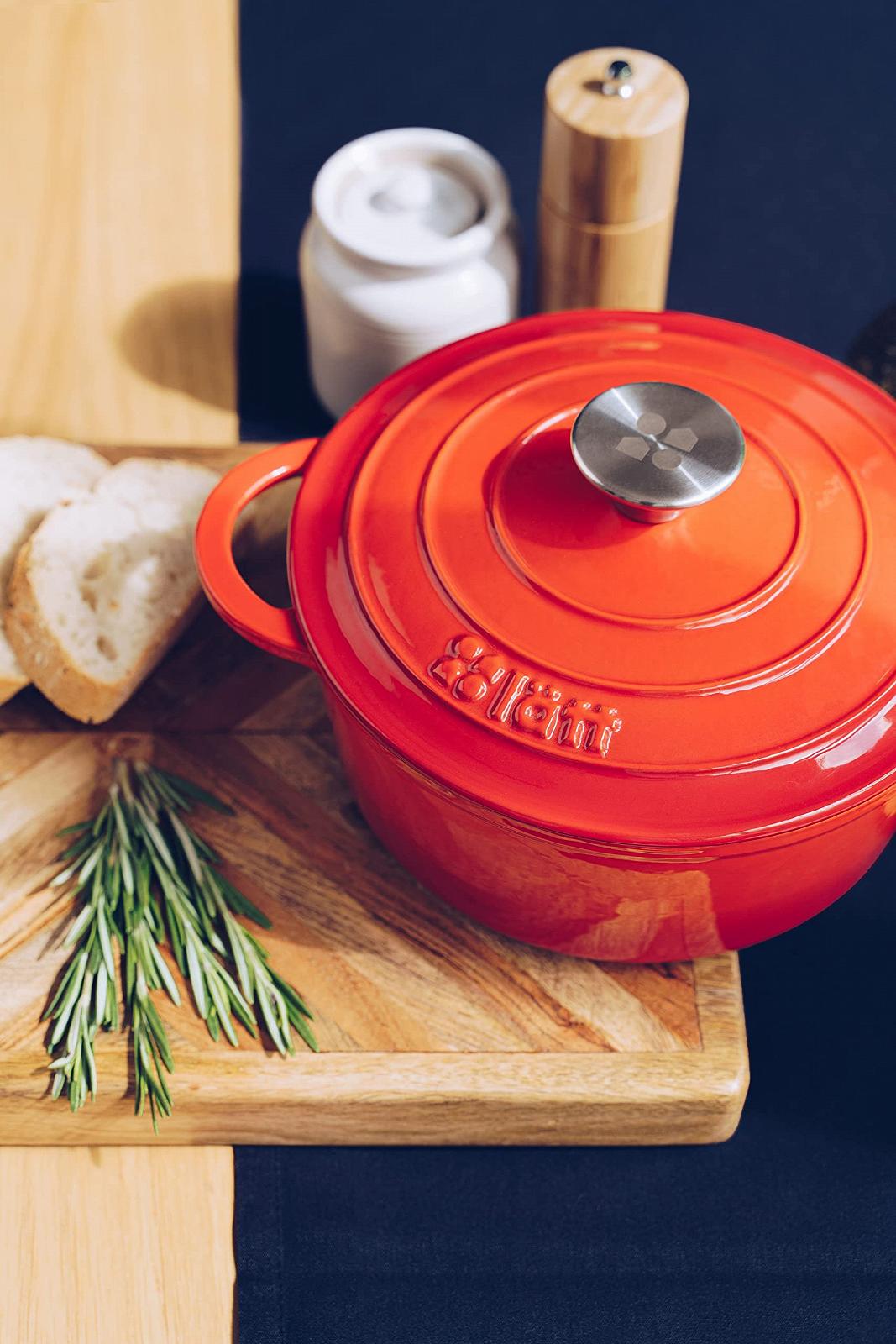 Кокот Чугунный эмалированный круглый 22 x 10.5 см 3.35 л Оранжевый, фото №6