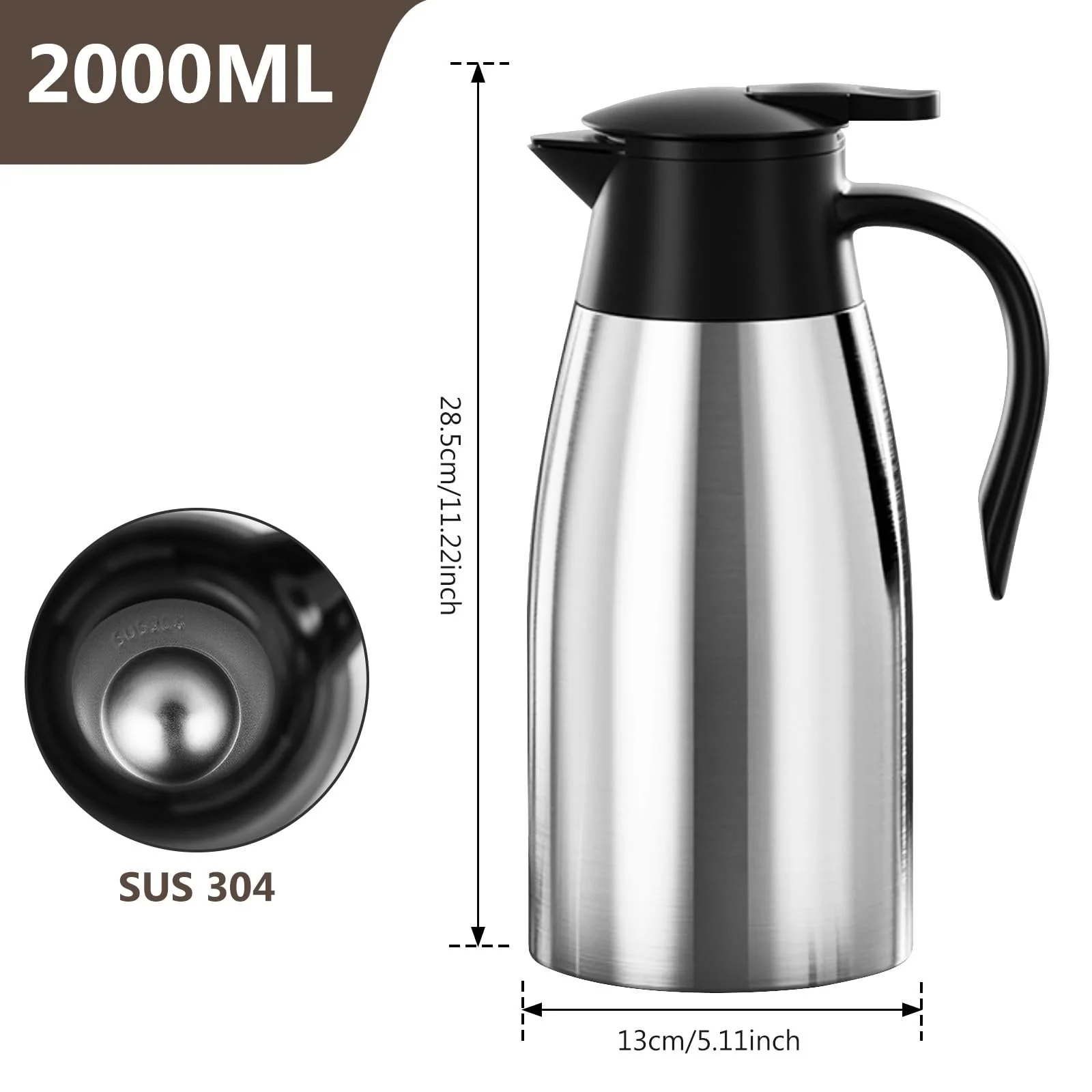 Термос кувшин 2 л, нержавеющая сталь, изолированный, 304 нержавеющая сталь, фото №2