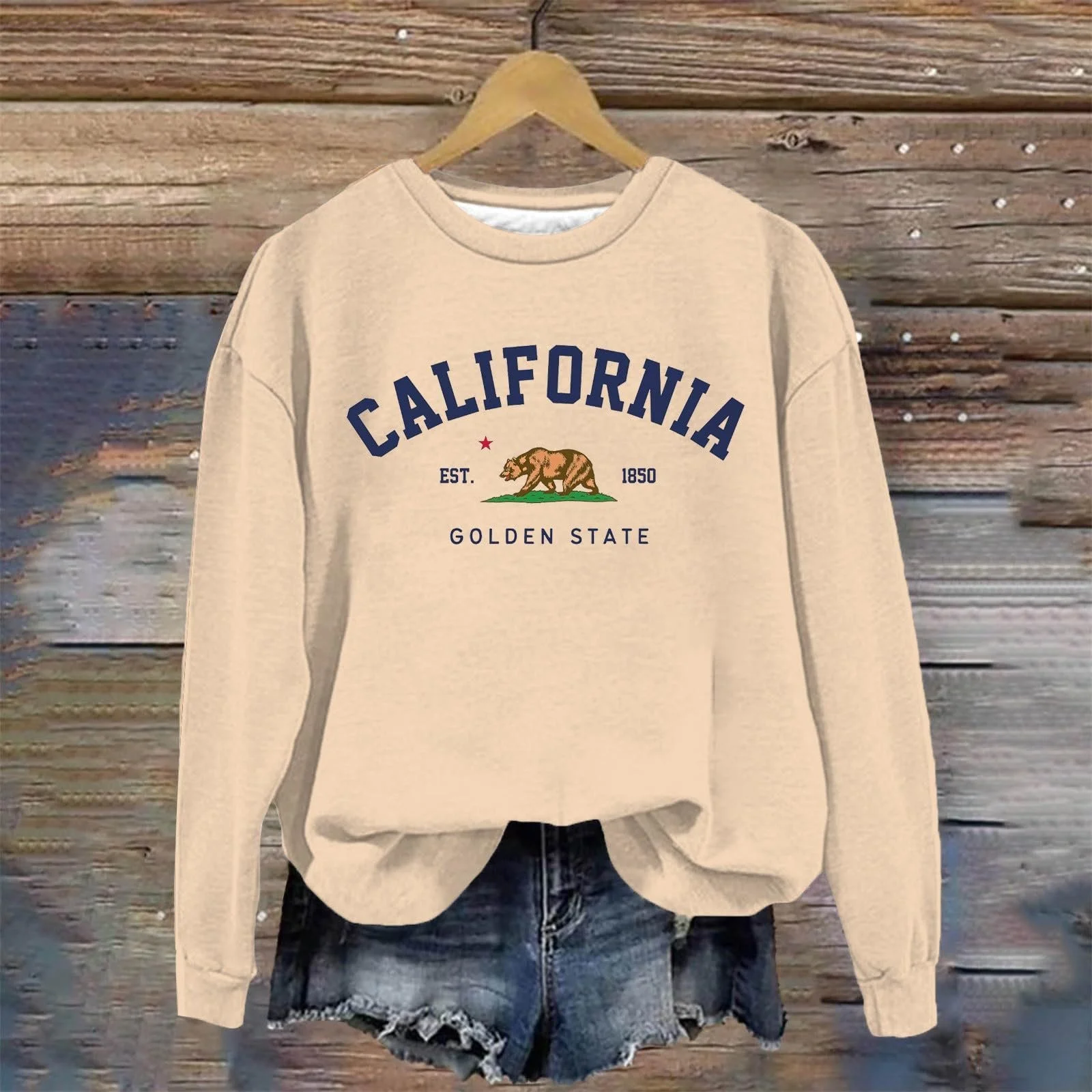 Женский Свитшот Los Angeles California Letter Print Graphic Backwoods Однотонный Круглый вырез Свободный крой Винтаж, фото №2