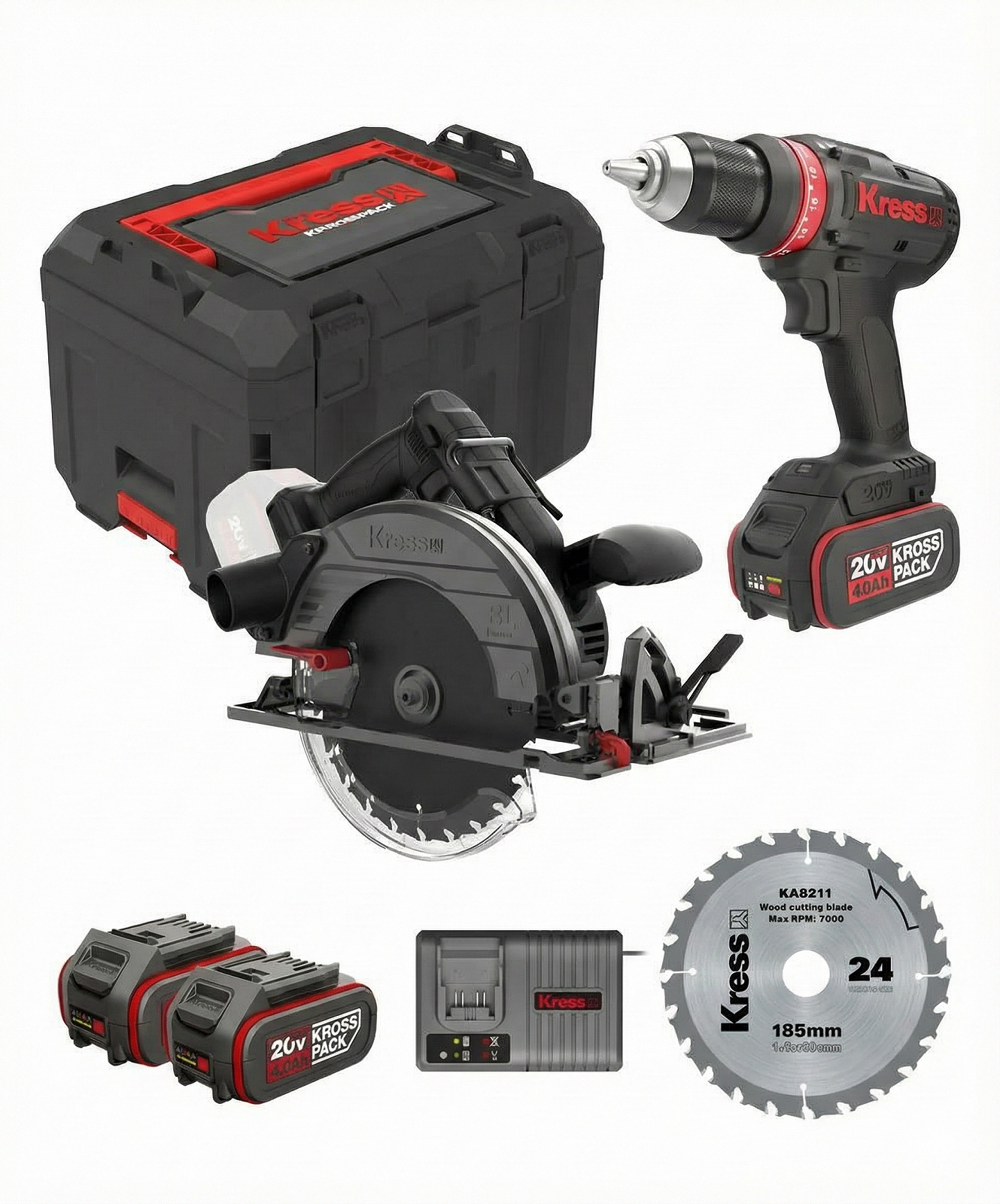 Комплект пила циркулярна акумуляторна Kress KUE15 20V BL / 185мм / 65мм пропил / 5500 об/хв + дриль-шуруповерт Kress KUA72.91 / 20V / 65 Нм / Безщітковий / Чорна, фото №1